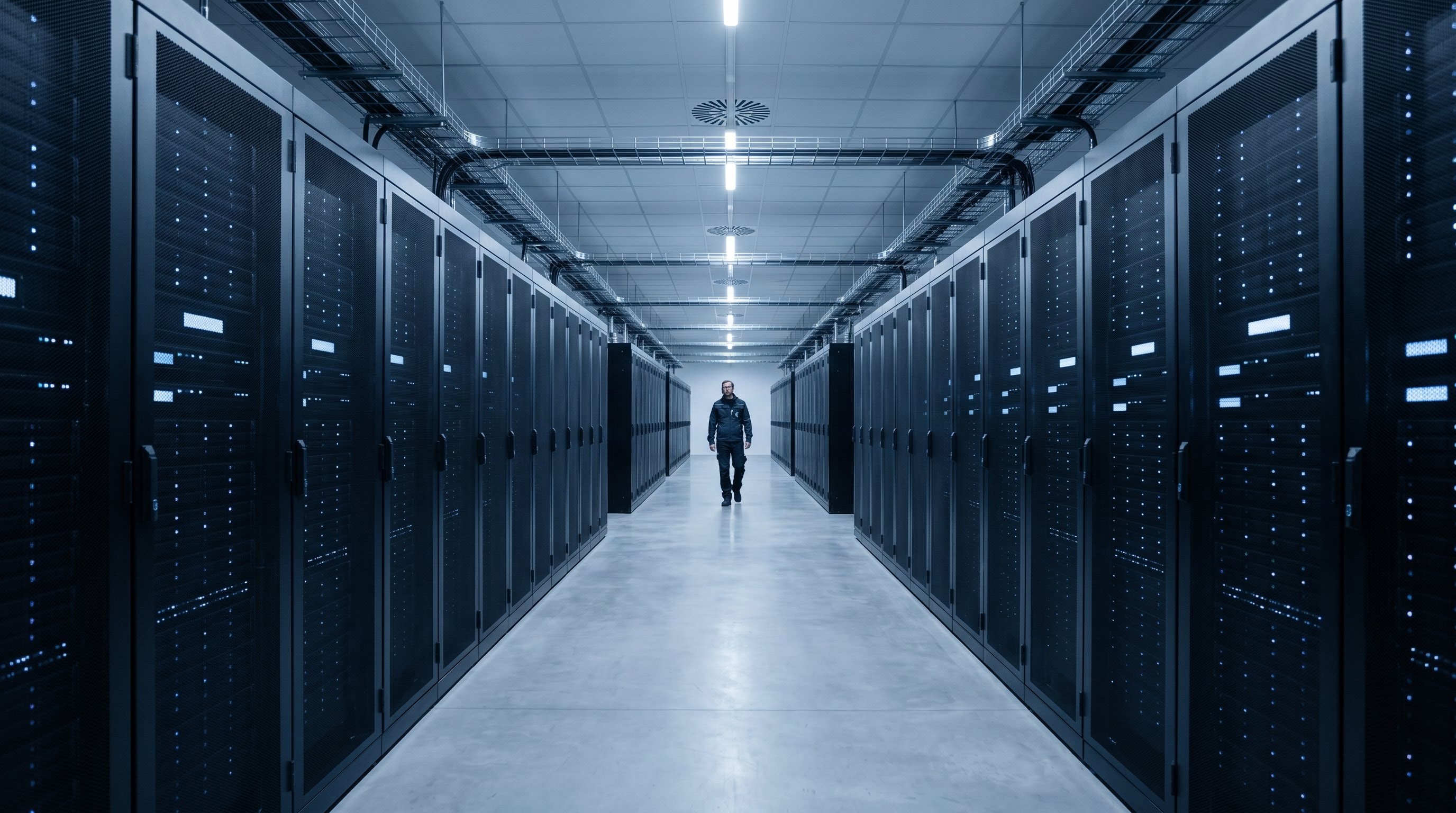 Ein moderner Data-Center-Korridor mit hohen Serverracks, die in die Ferne laufen